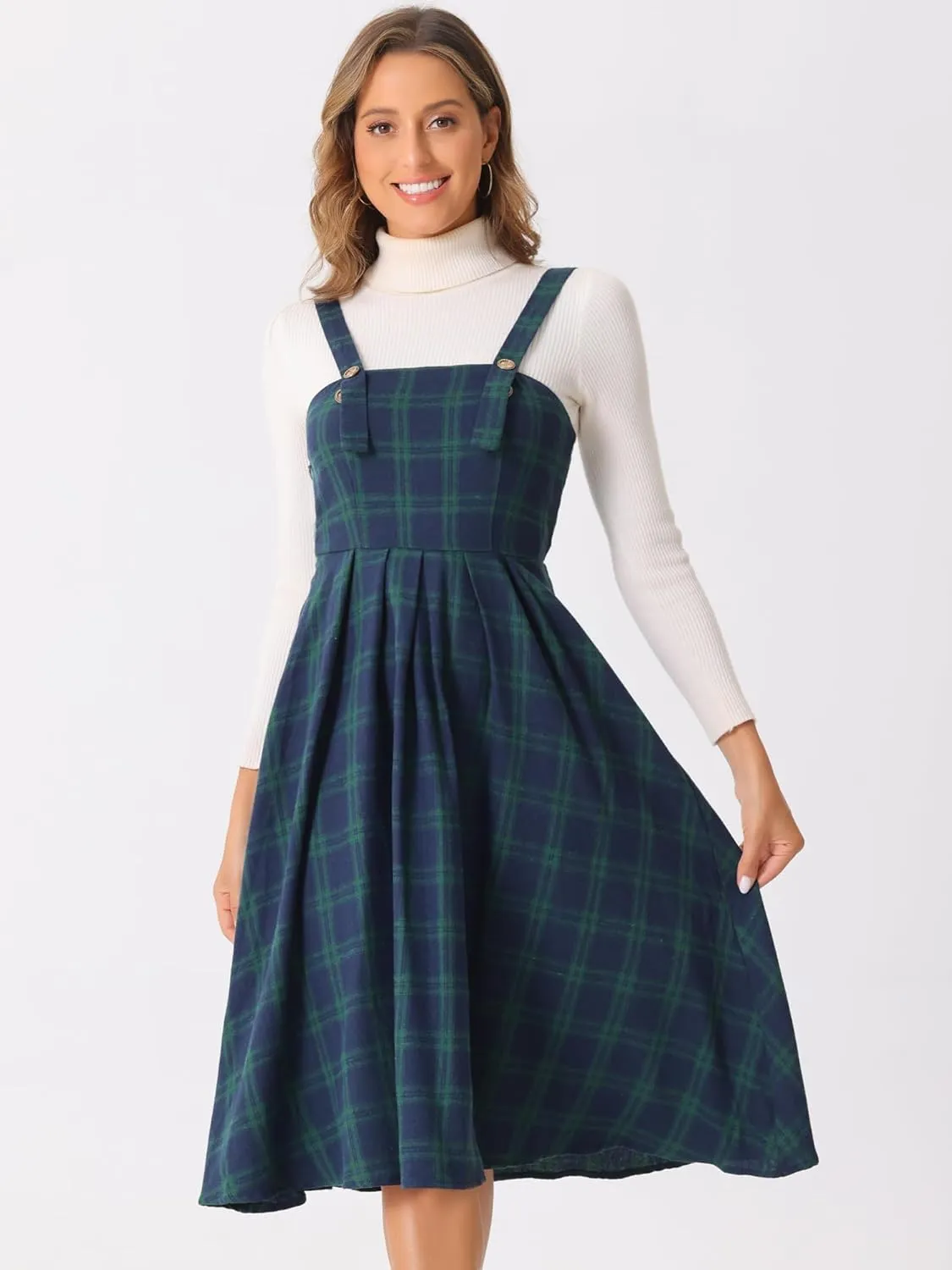 Allegra K Women's Plaid Overalls Vintage Sleeveless A-Line Overall Pinafore Dress Suspender Skirt