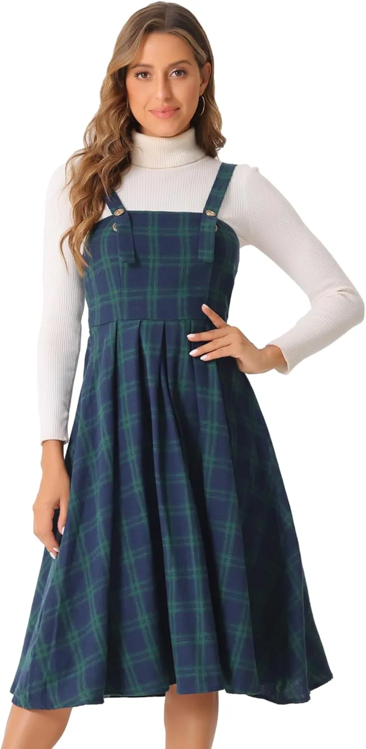 Allegra K Women's Plaid Overalls Vintage Sleeveless A-Line Overall Pinafore Dress Suspender Skirt