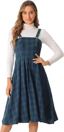 Allegra K Women's Plaid Overalls Vintage Sleeveless A-Line Overall Pinafore Dress Suspender Skirt