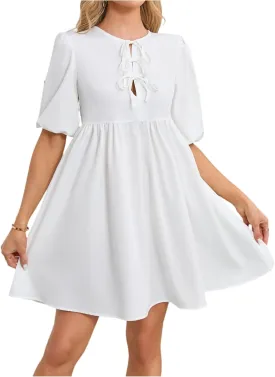 Babydoll Dress for Women Loose Short Puff Sleeve Tie Front Knee Length A Line Dress Summer Vacation Resort Short Dresses