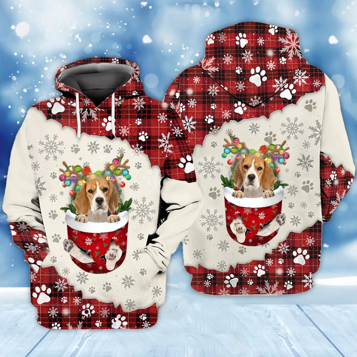 Beagle In Snow Pocket Merry Christmas Unisex Hoodie