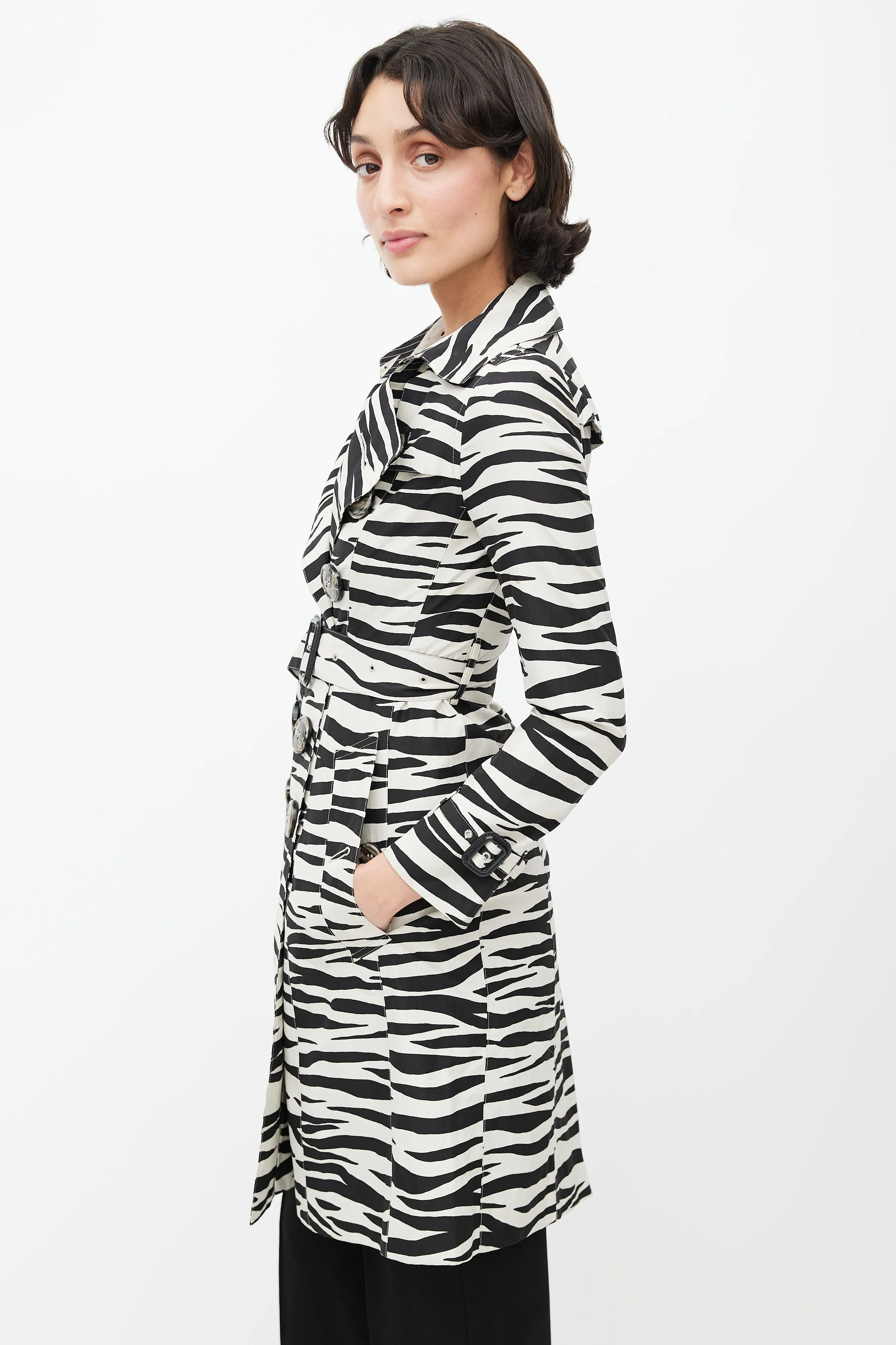 Black & White Double Breasted Print Trench Coat