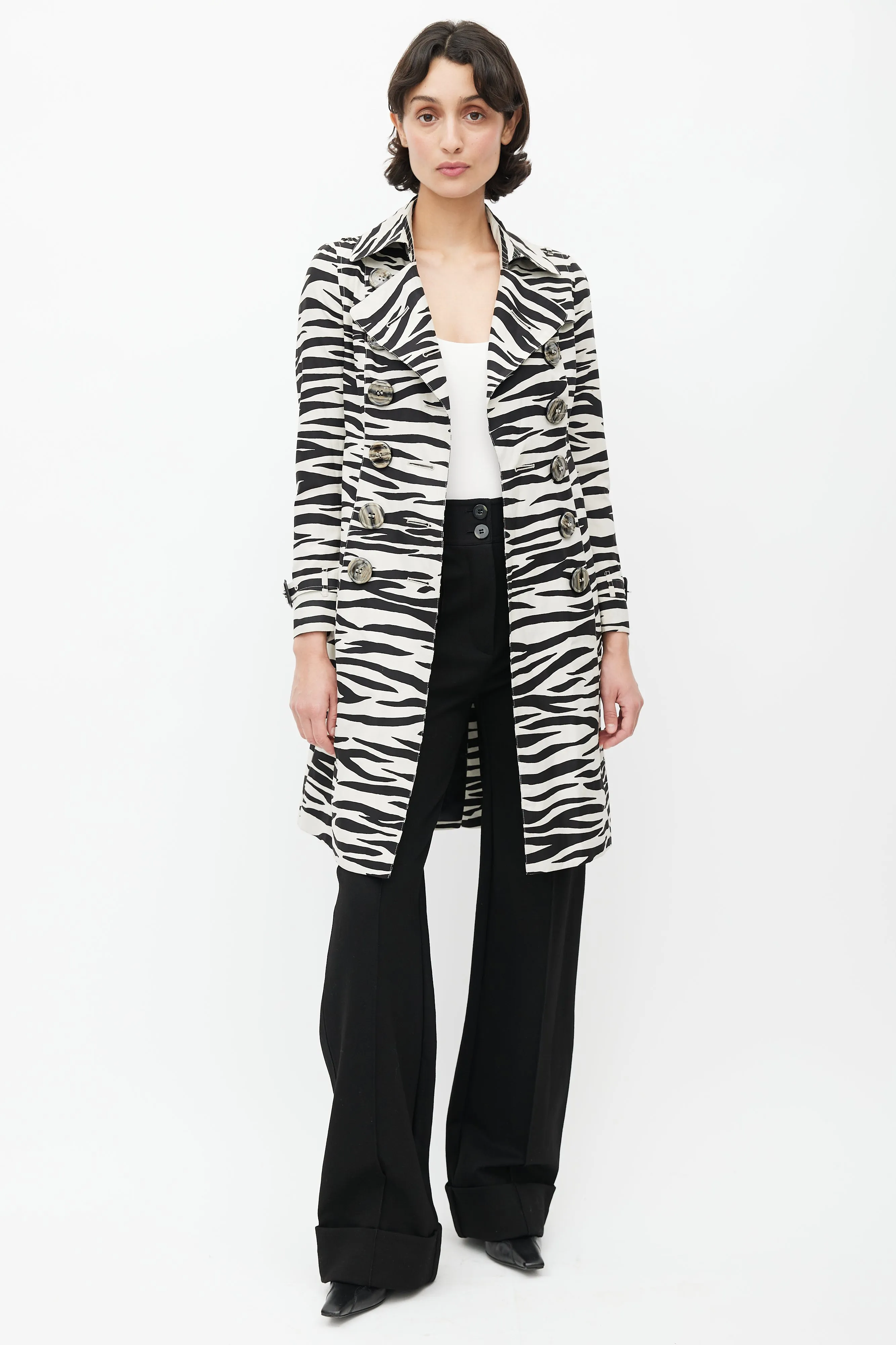 Black & White Double Breasted Print Trench Coat