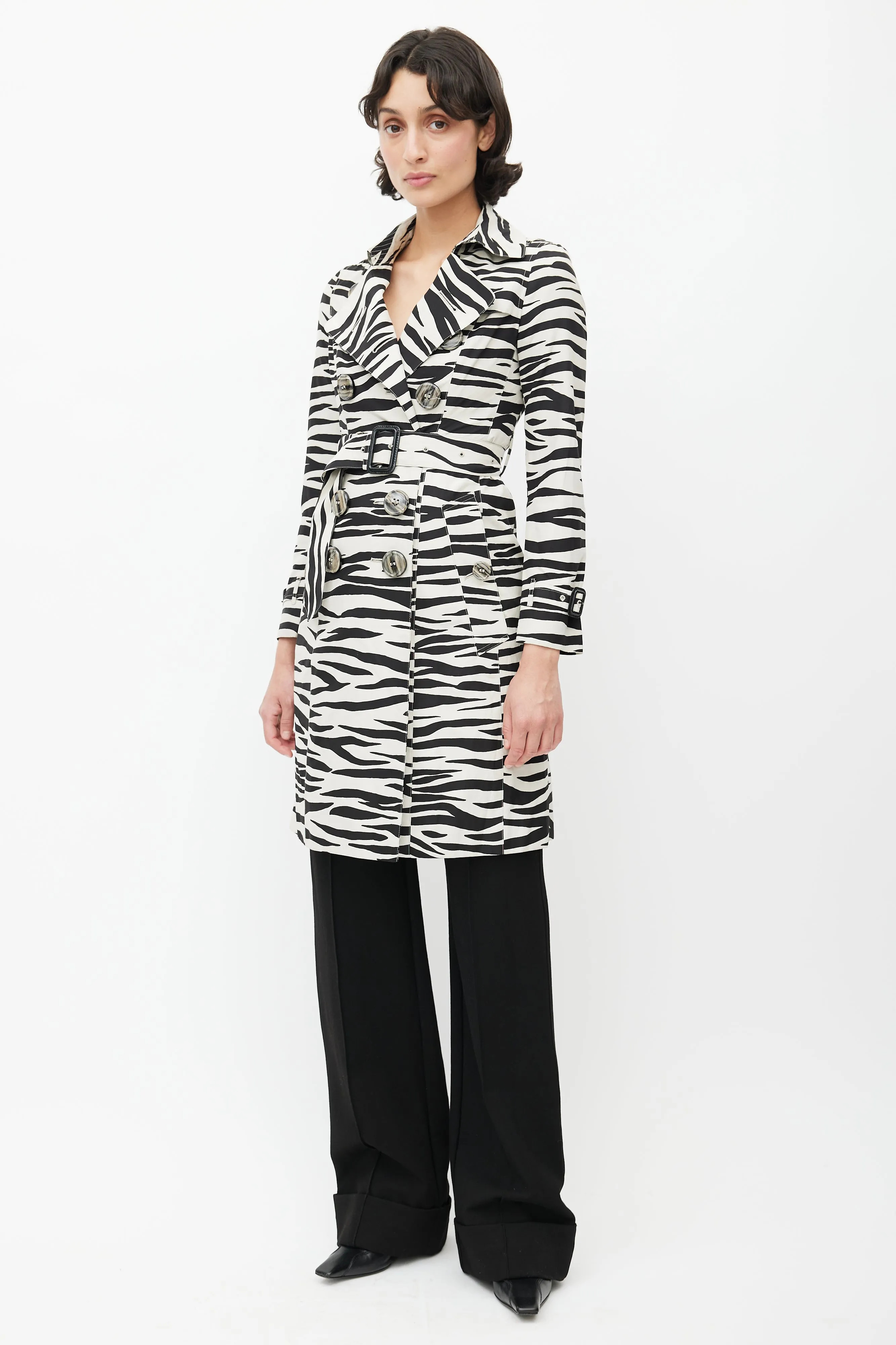 Black & White Double Breasted Print Trench Coat