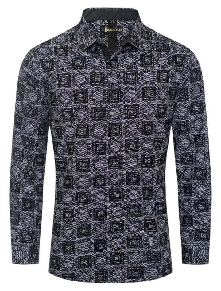 Black-Grey Men's Printed Shirt Luxury Brand Long Sleeve Regular-Fit Baldelli Style No: CHLS-2067