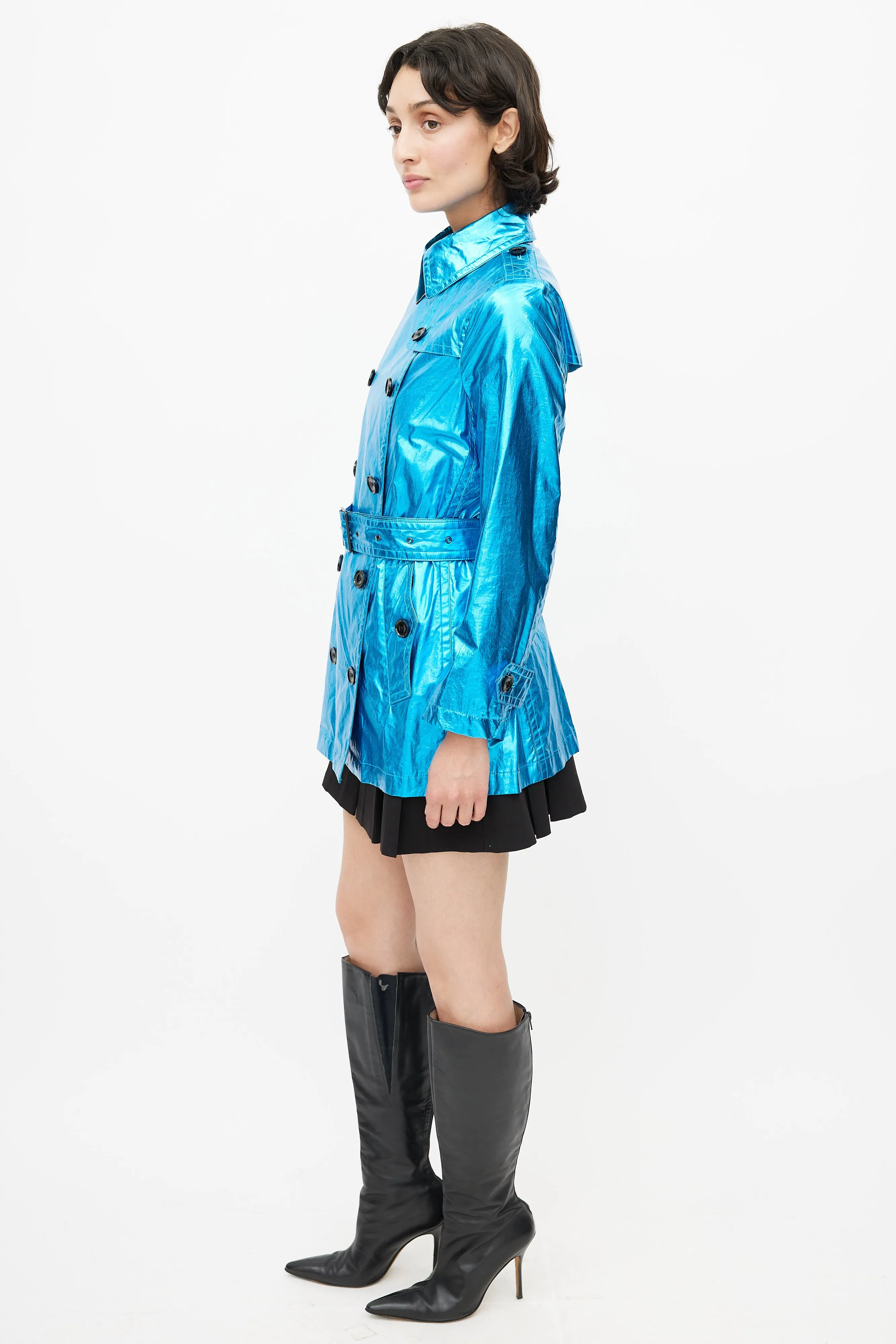 Blue Double Breasted Short Metallic Trench Coat