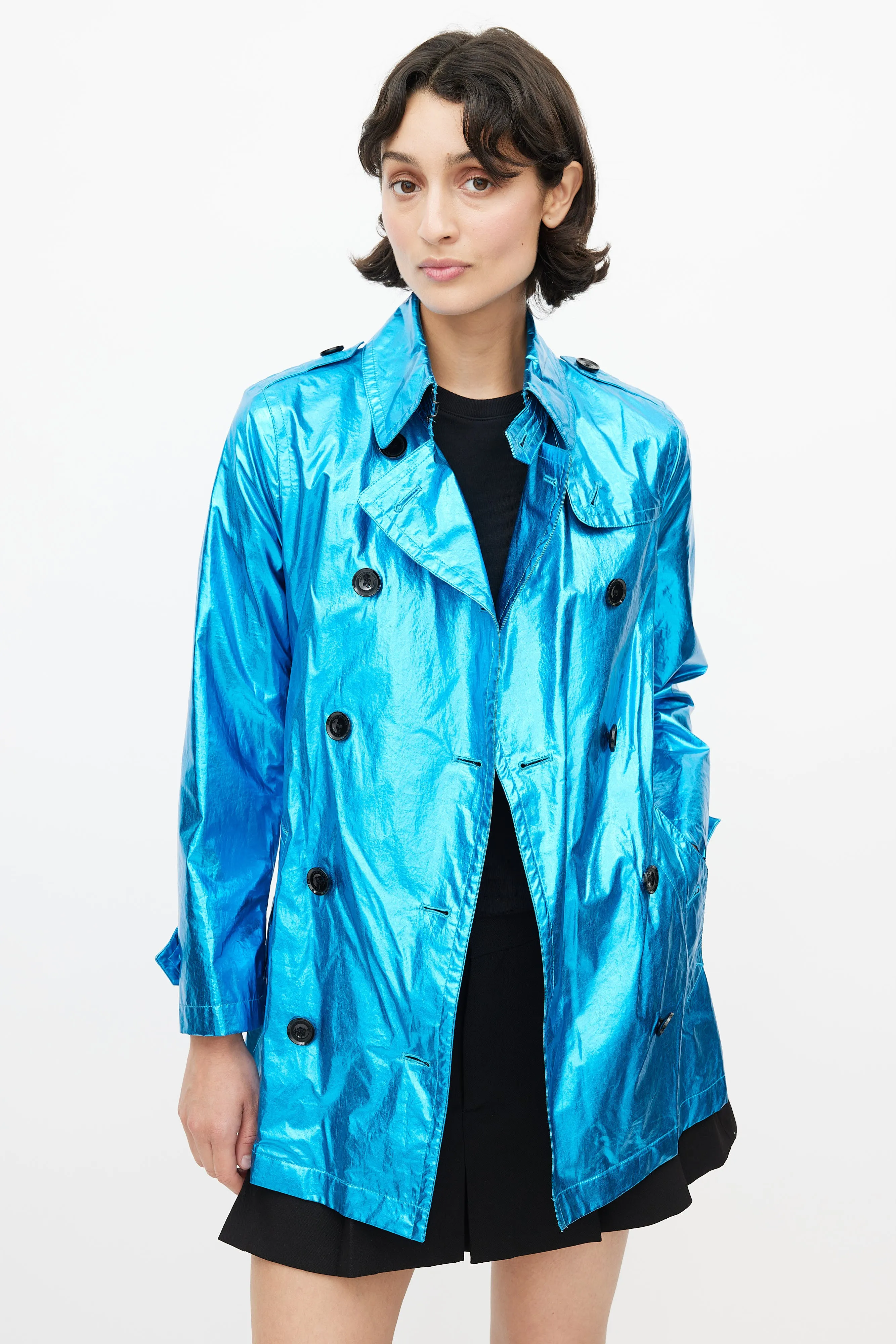 Blue Double Breasted Short Metallic Trench Coat