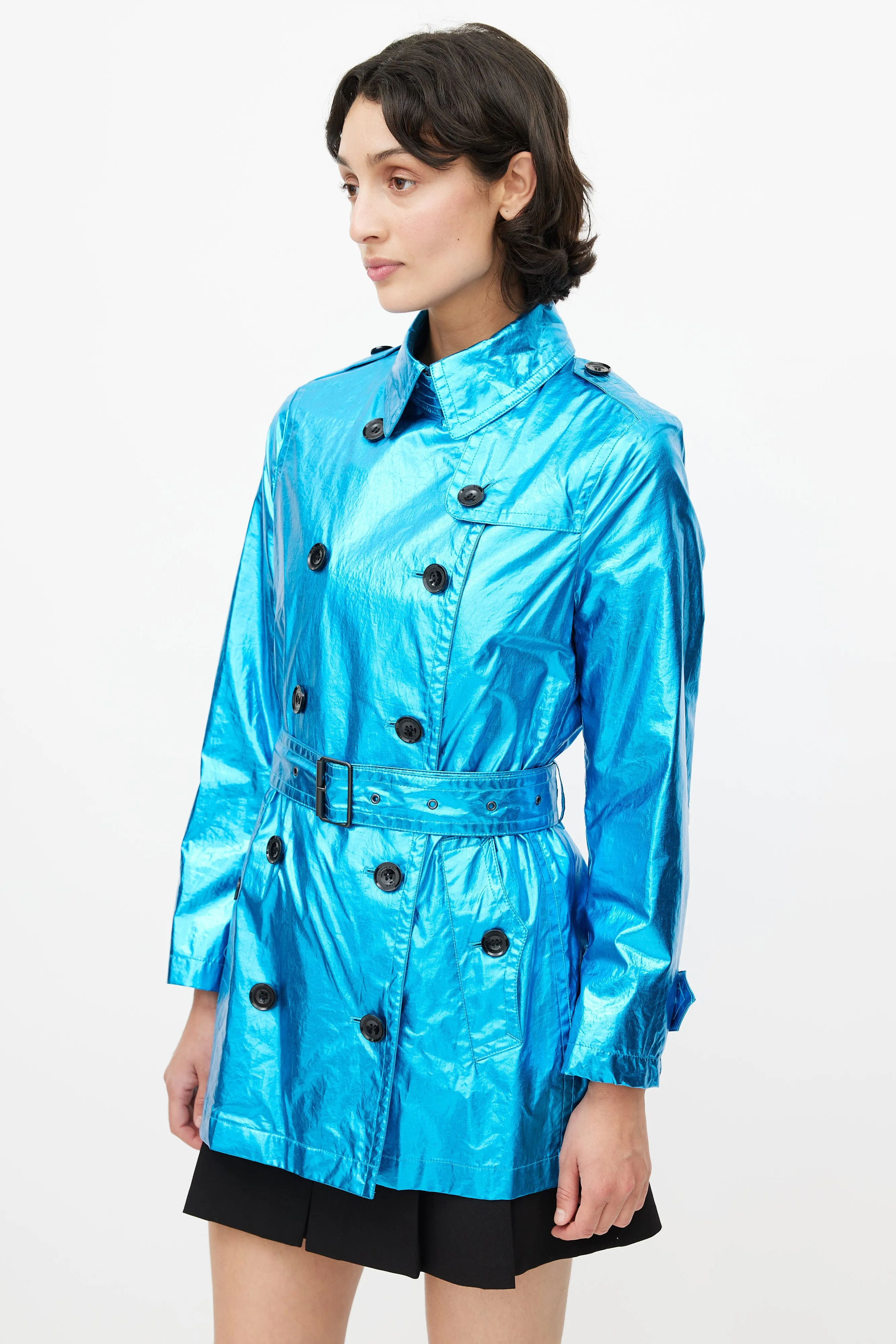 Blue Double Breasted Short Metallic Trench Coat