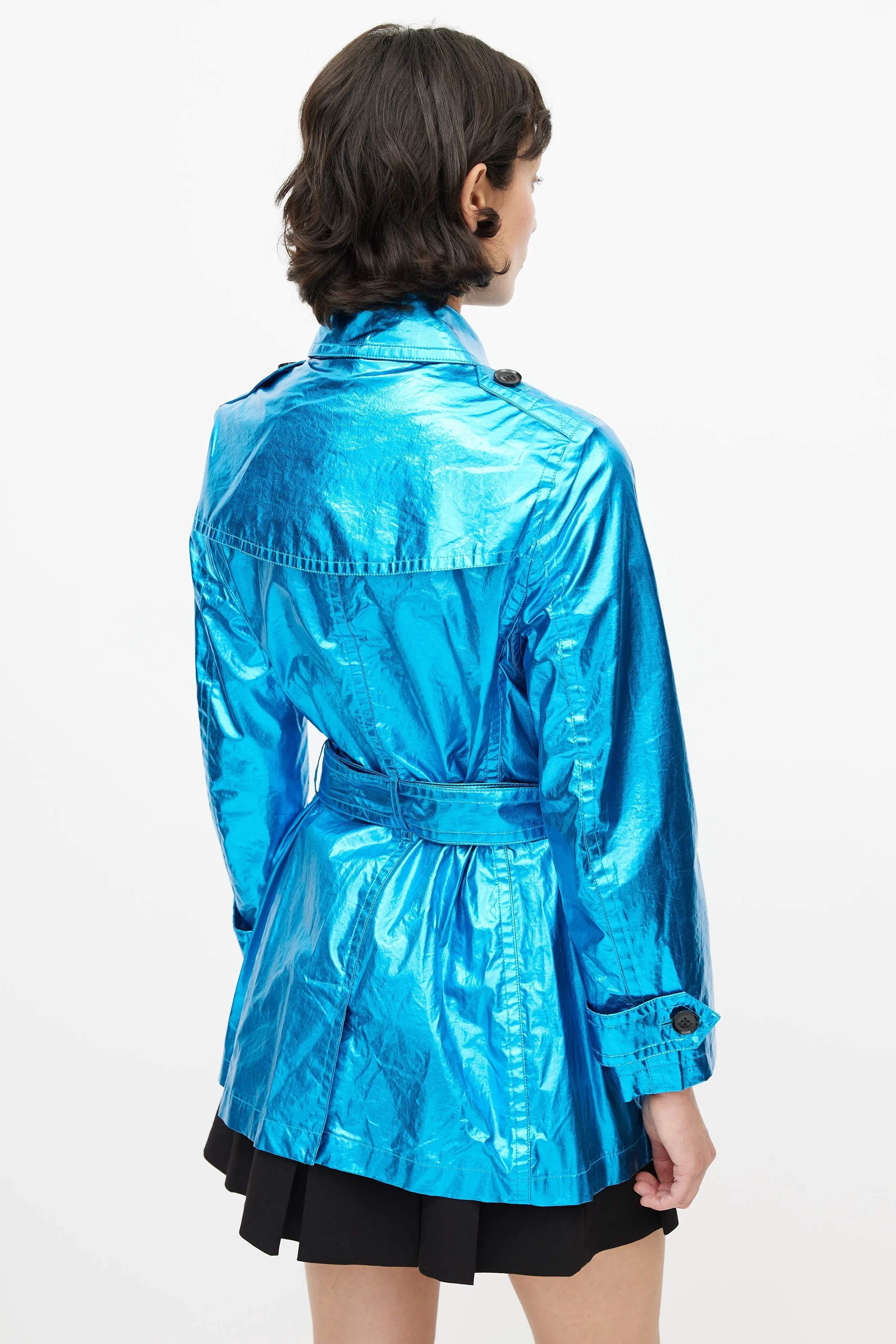 Blue Double Breasted Short Metallic Trench Coat