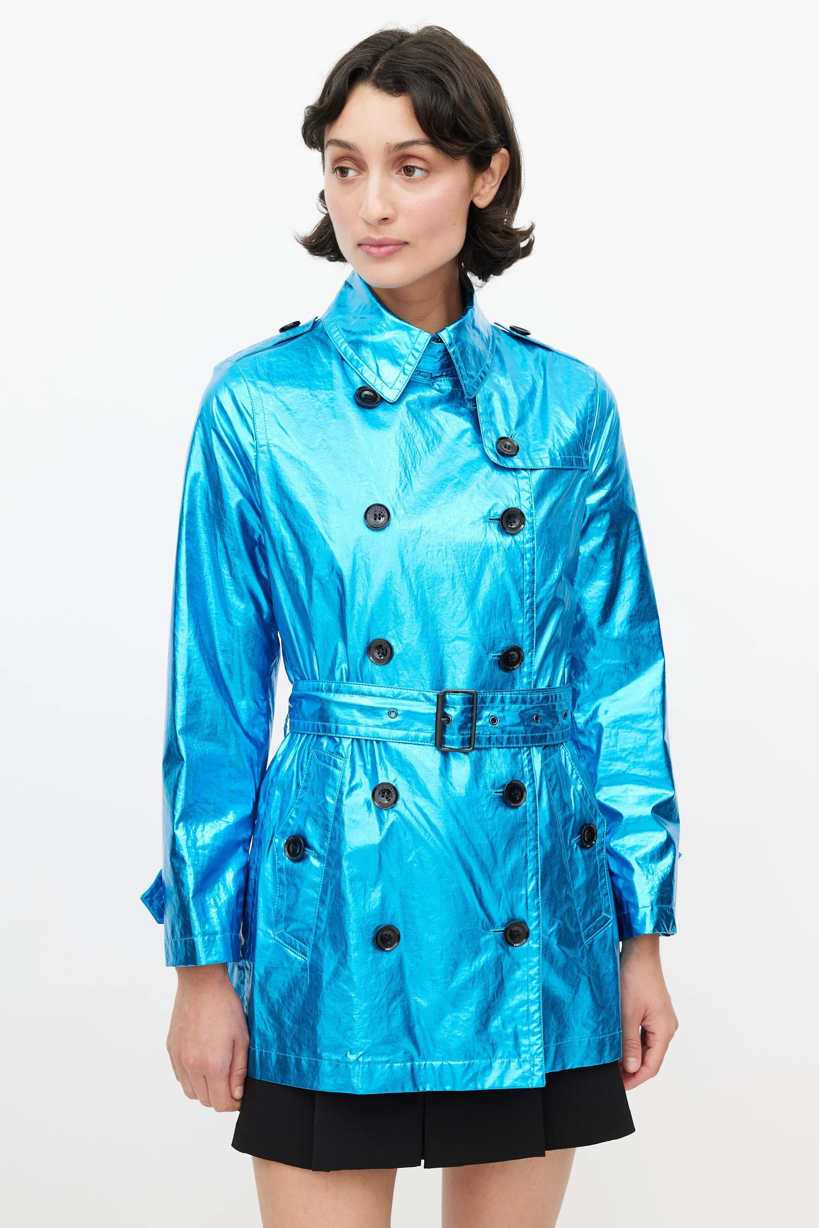 Blue Double Breasted Short Metallic Trench Coat