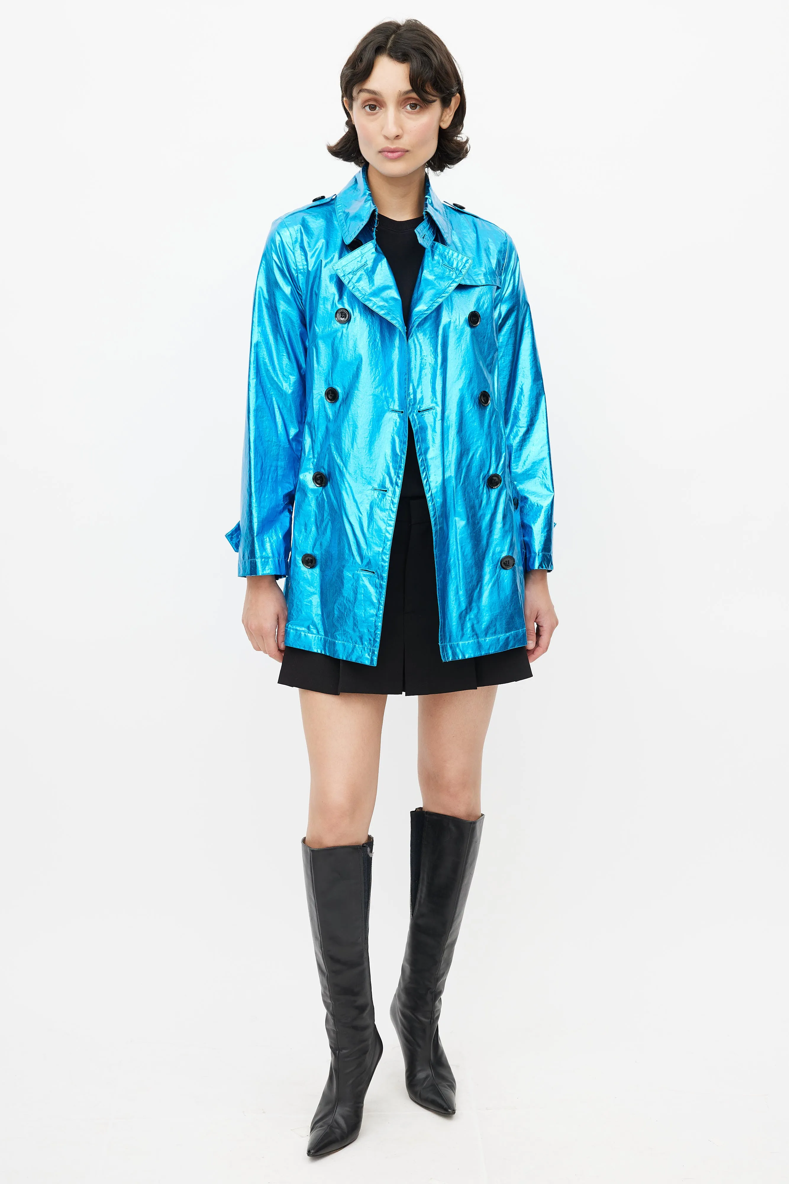 Blue Double Breasted Short Metallic Trench Coat