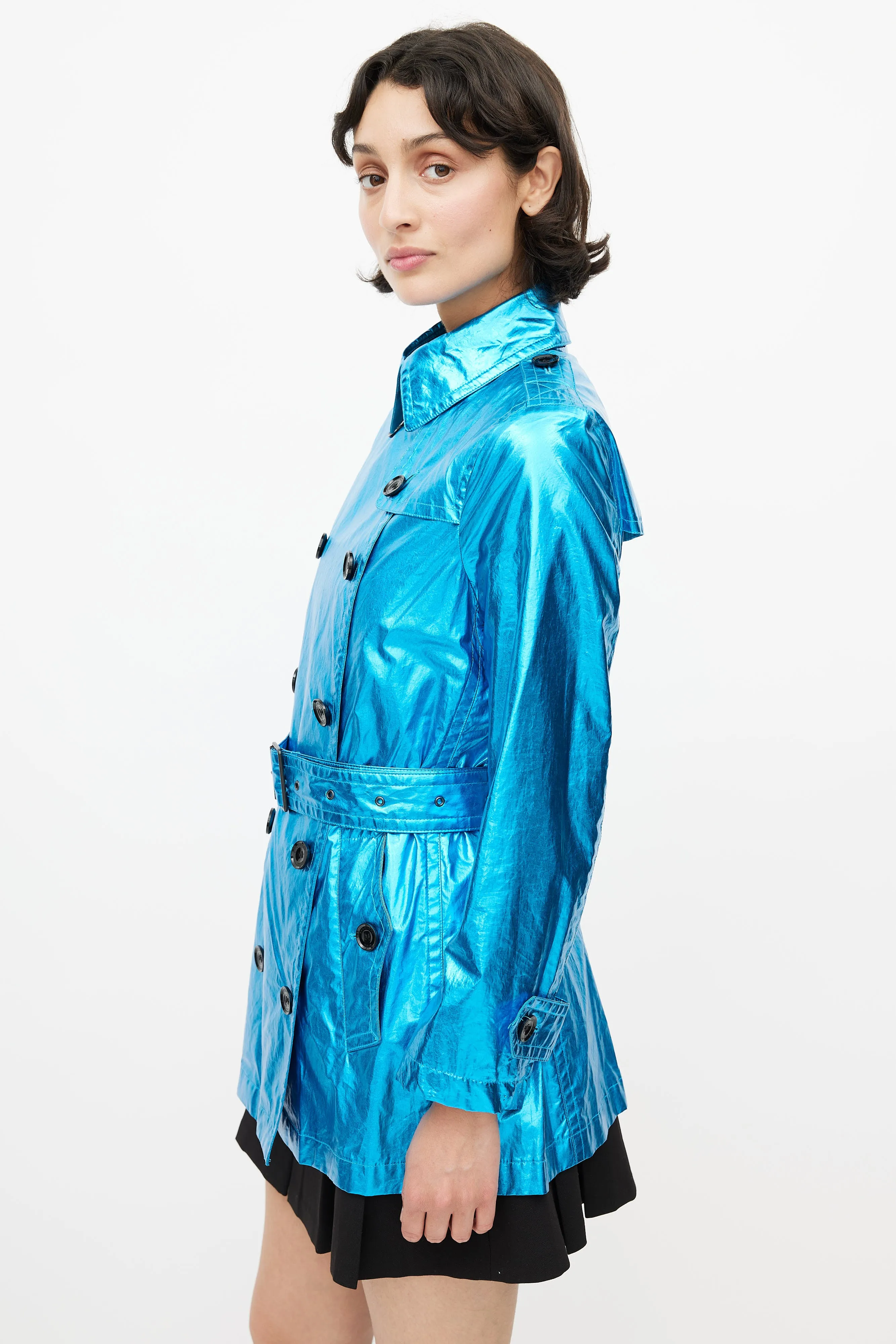 Blue Double Breasted Short Metallic Trench Coat