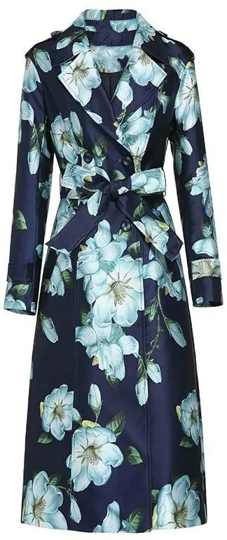 Blue Floral Print Trench Coat