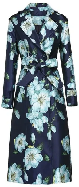 Blue Floral Print Trench Coat