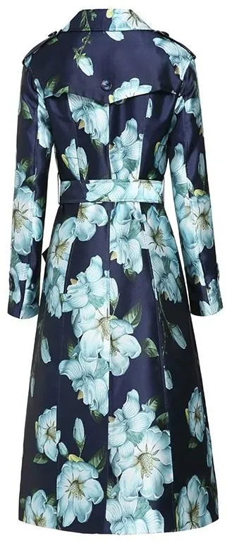 Blue Floral Print Trench Coat