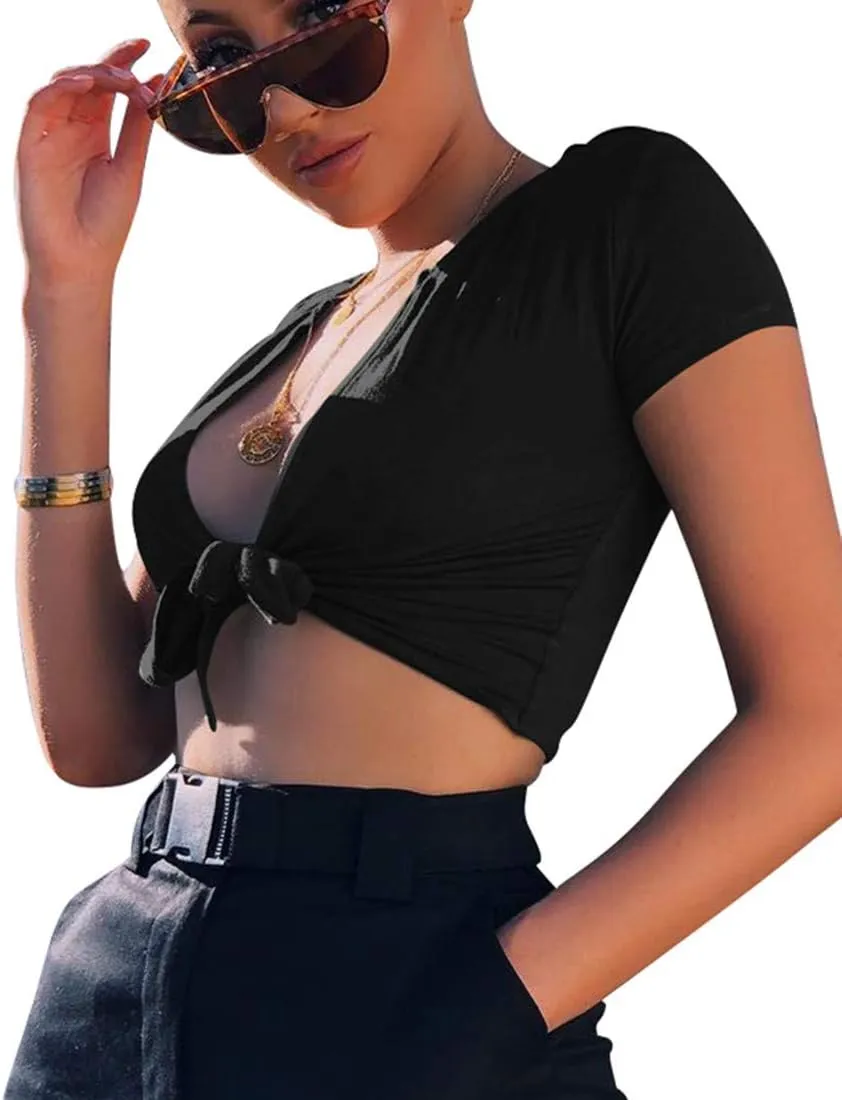 BORIFLORS Women's Sexy Tie Up Crop Top Short Sleeve Deep V Neck Casual Basic T Shirt