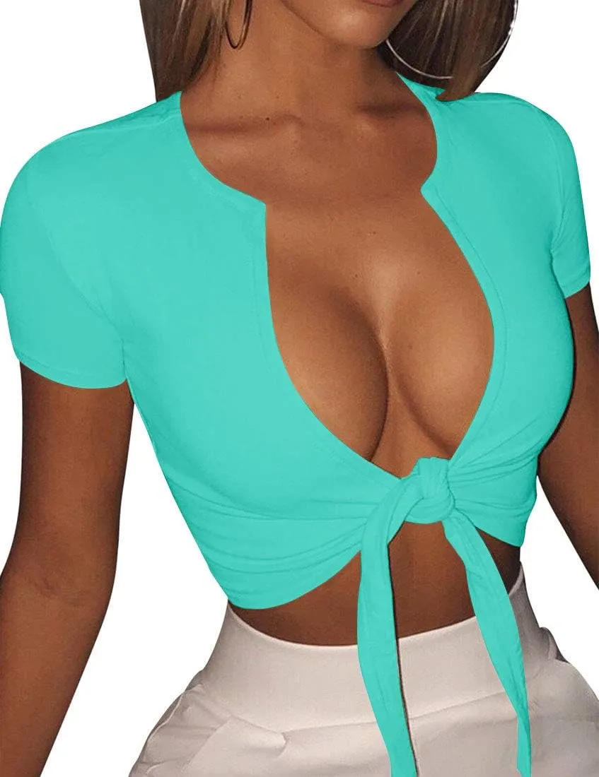 BORIFLORS Women's Sexy Tie Up Crop Top Short Sleeve Deep V Neck Casual Basic T Shirt