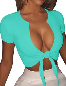 BORIFLORS Women's Sexy Tie Up Crop Top Short Sleeve Deep V Neck Casual Basic T Shirt