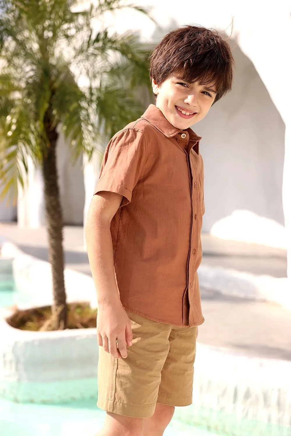 Boys' Long Sleeve Dress Shirts Classic Collared Button-Down Tshirt Solid Cotton Top with Chest Pocket