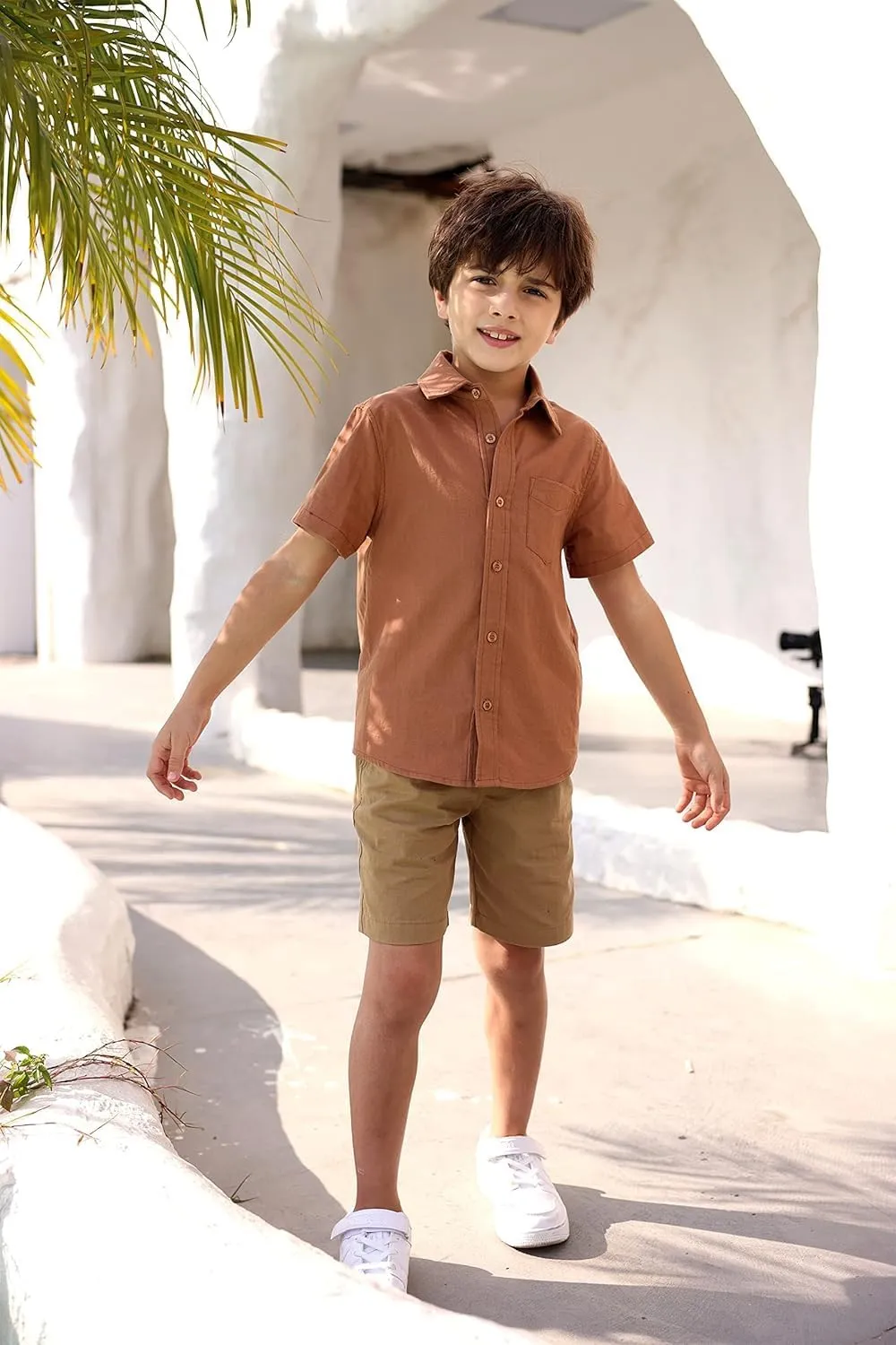 Boys' Long Sleeve Dress Shirts Classic Collared Button-Down Tshirt Solid Cotton Top with Chest Pocket