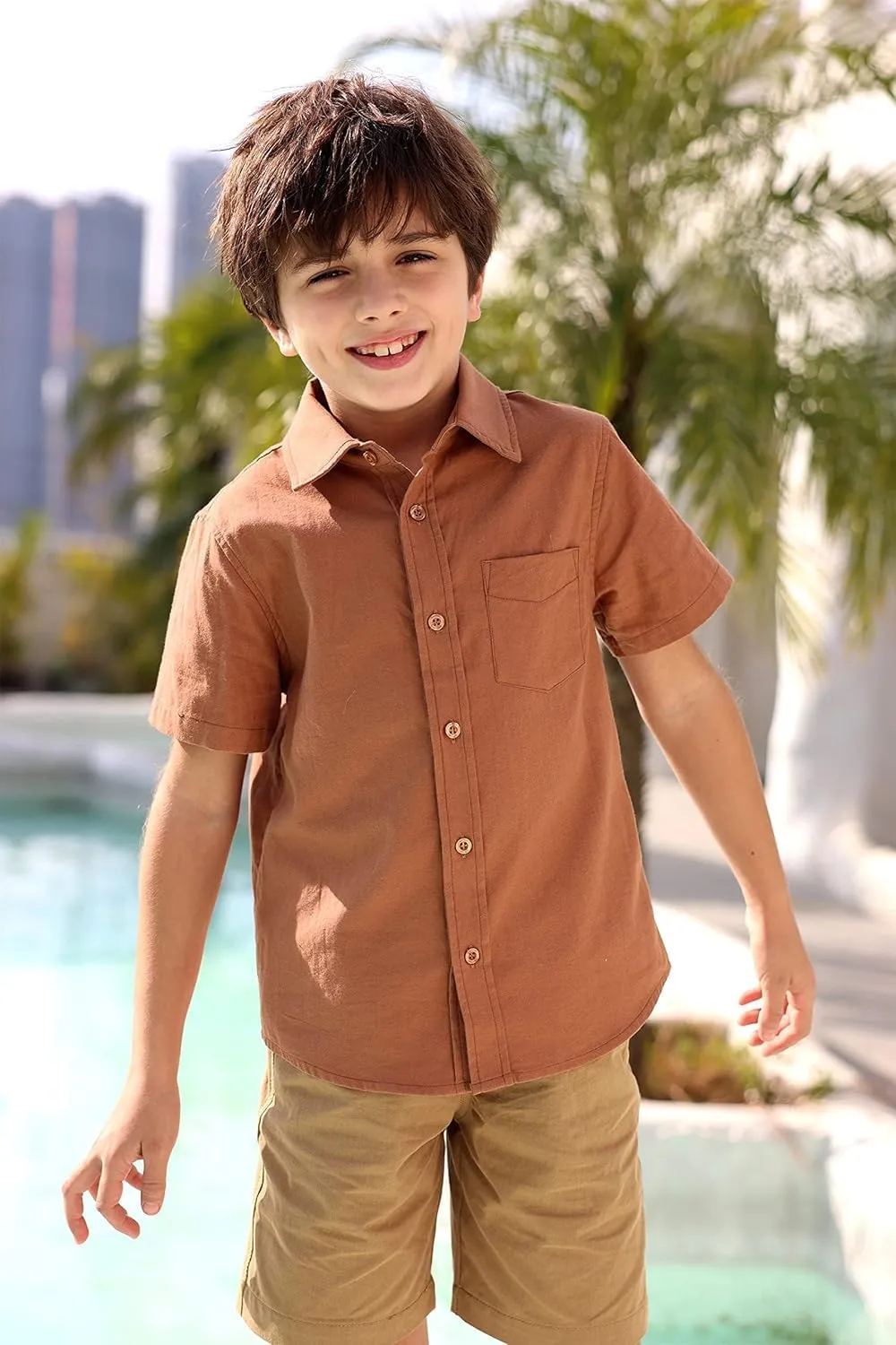 Boys' Long Sleeve Dress Shirts Classic Collared Button-Down Tshirt Solid Cotton Top with Chest Pocket