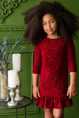 Burgundy Velvet Jacquard Holiday Dress - Girls