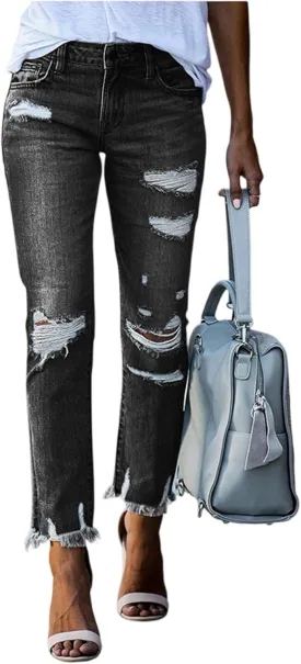 Capri Jeans for Women Stretchy Mid Rise Ripped Jeans Straight Leg Cropped Jean Raw Hem Distressed Denim Capri Pants