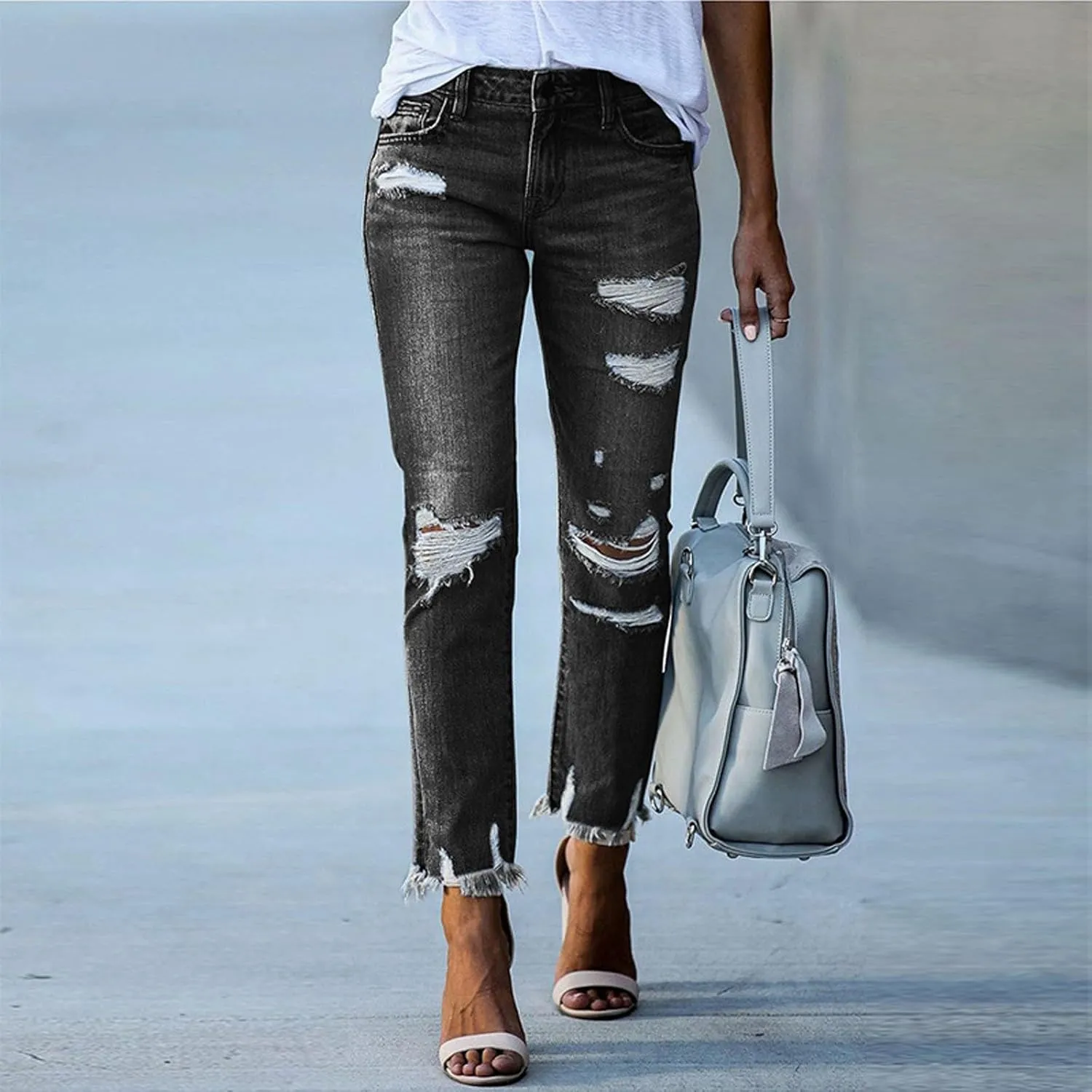 Capri Jeans for Women Stretchy Mid Rise Ripped Jeans Straight Leg Cropped Jean Raw Hem Distressed Denim Capri Pants