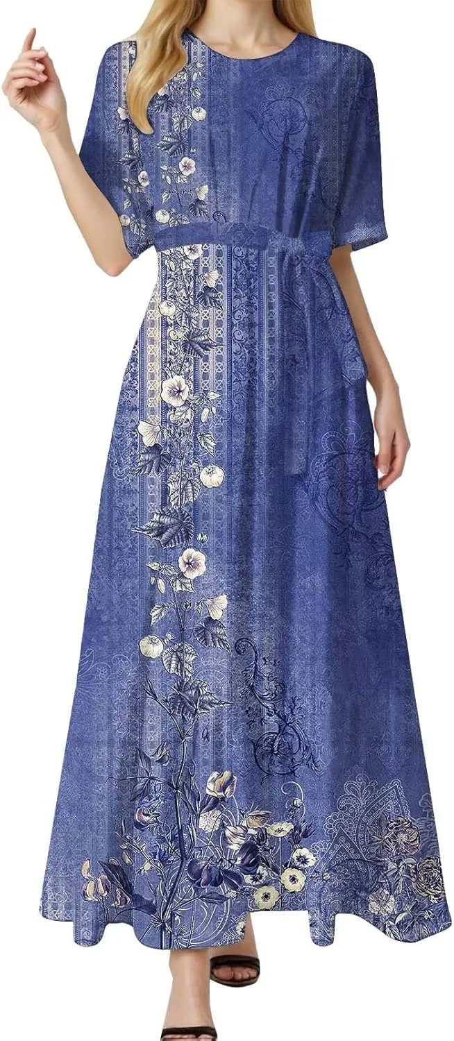 Casual Summer Dresses for Women 2025,Womens Floral Printed Crew-Neck Elegant Dresses Boho Tie Belted Empire Waist Dress