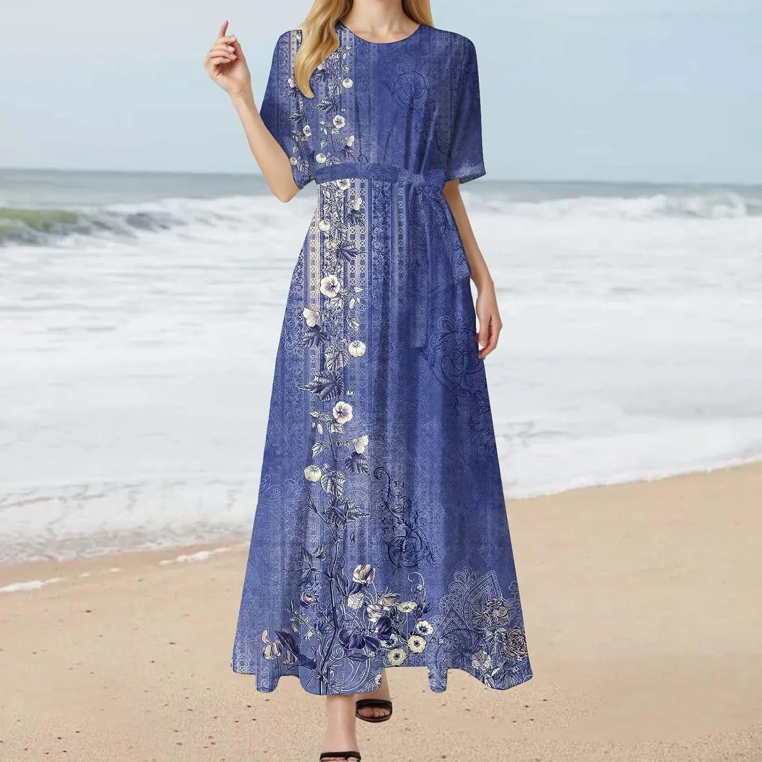 Casual Summer Dresses for Women 2025,Womens Floral Printed Crew-Neck Elegant Dresses Boho Tie Belted Empire Waist Dress