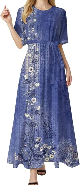 Casual Summer Dresses for Women 2025,Womens Floral Printed Crew-Neck Elegant Dresses Boho Tie Belted Empire Waist Dress