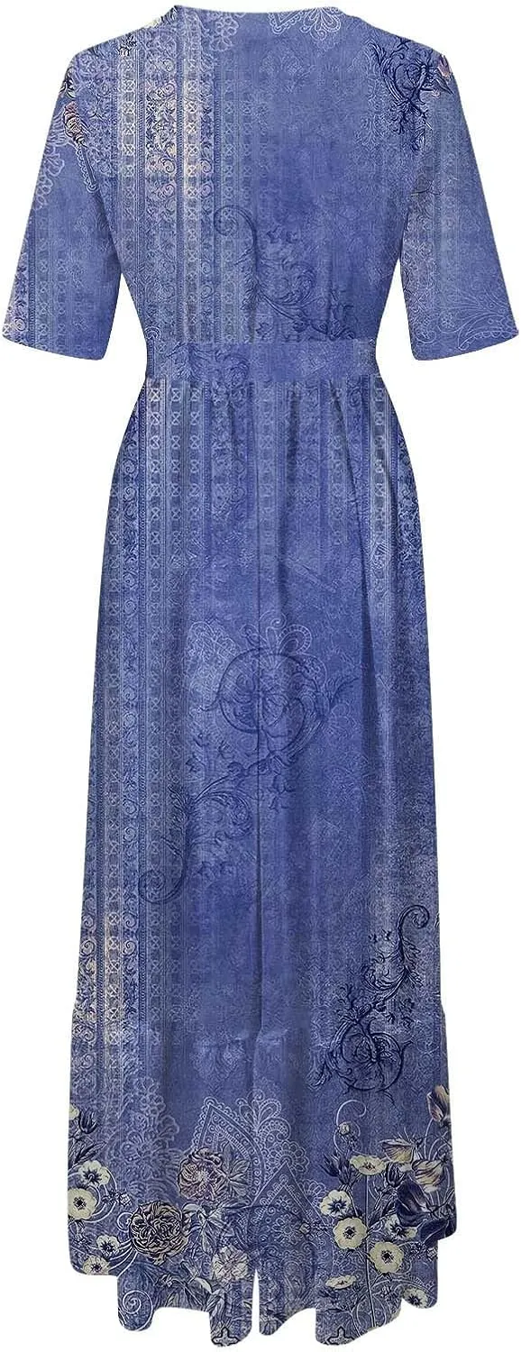 Casual Summer Dresses for Women 2025,Womens Floral Printed Crew-Neck Elegant Dresses Boho Tie Belted Empire Waist Dress