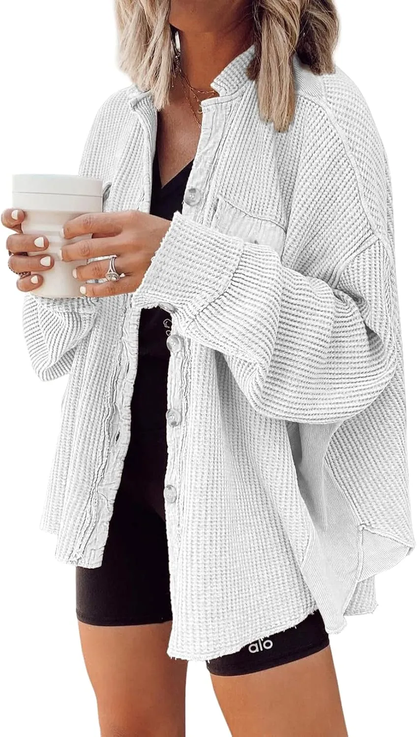 chouyatou Women's Loose Fit Batwing Sleeve Waffle Knit Button Down Shirt Shacket Tops