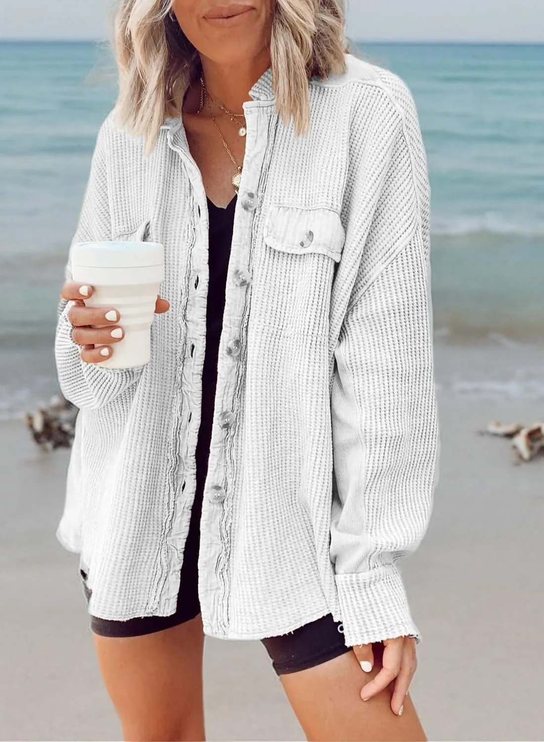 chouyatou Women's Loose Fit Batwing Sleeve Waffle Knit Button Down Shirt Shacket Tops