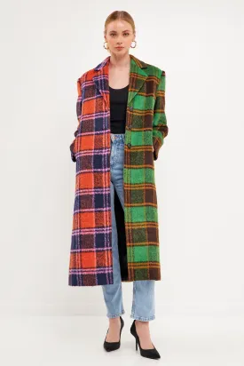 Colorblock Plaid Trench Coat
