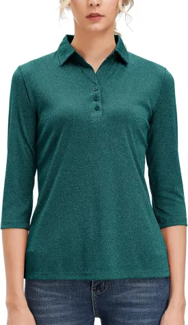 Corna Women's Soft 3/4 Sleeve V Neck Golf Shirt Mositure Wicking Performance Sports Polo Shirt Office Work Tops for Women