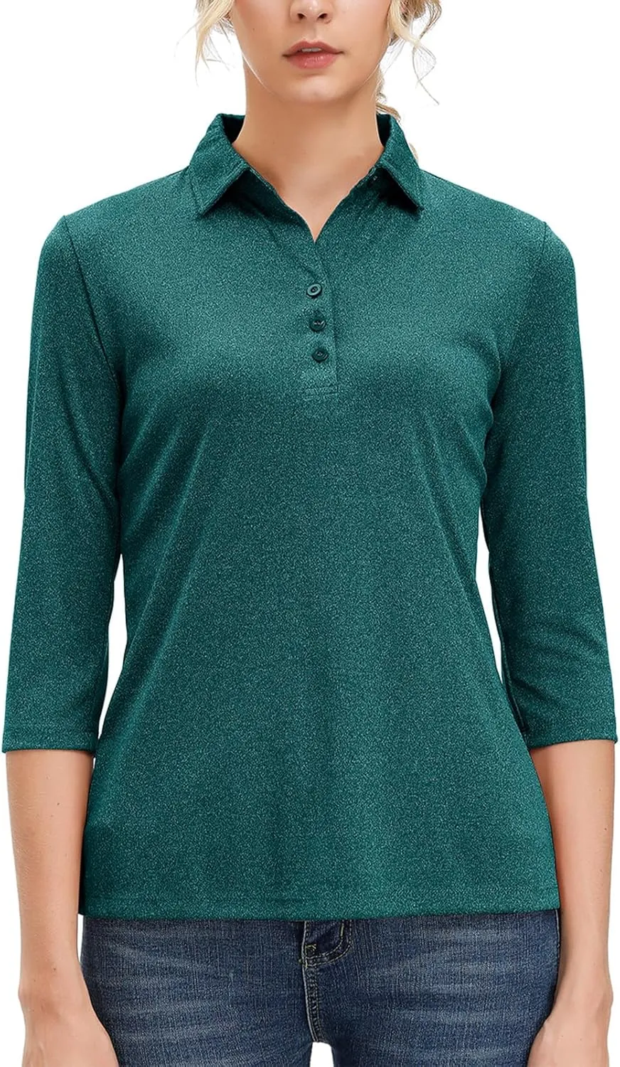 Corna Women's Soft 3/4 Sleeve V Neck Golf Shirt Mositure Wicking Performance Sports Polo Shirt Office Work Tops for Women