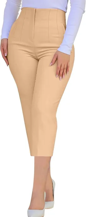 Cropped Pants for Women High Waisted Pull On Dress Capri Pants Slim Straight Leg Stretchy Waist Capris Trousers Pants