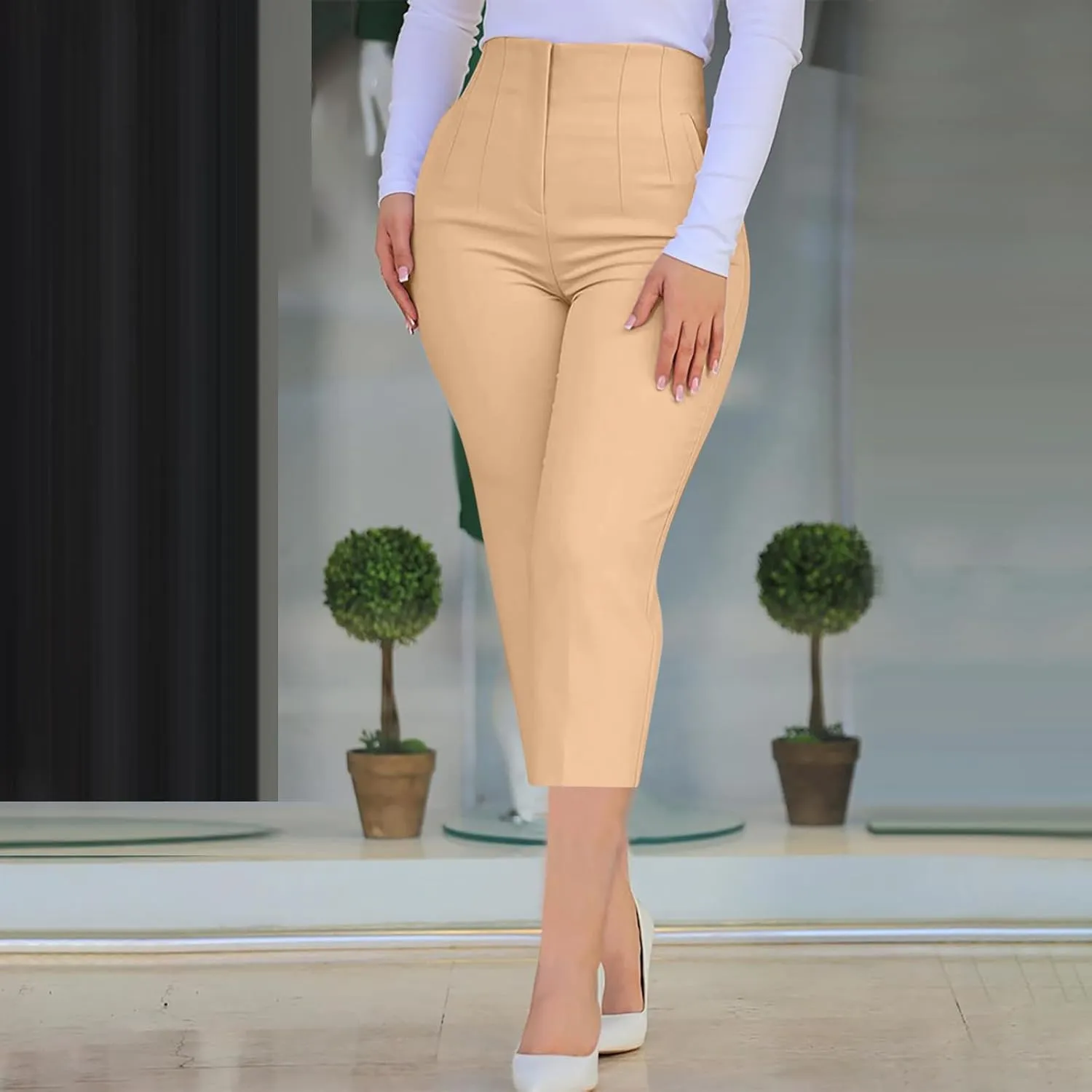 Cropped Pants for Women High Waisted Pull On Dress Capri Pants Slim Straight Leg Stretchy Waist Capris Trousers Pants