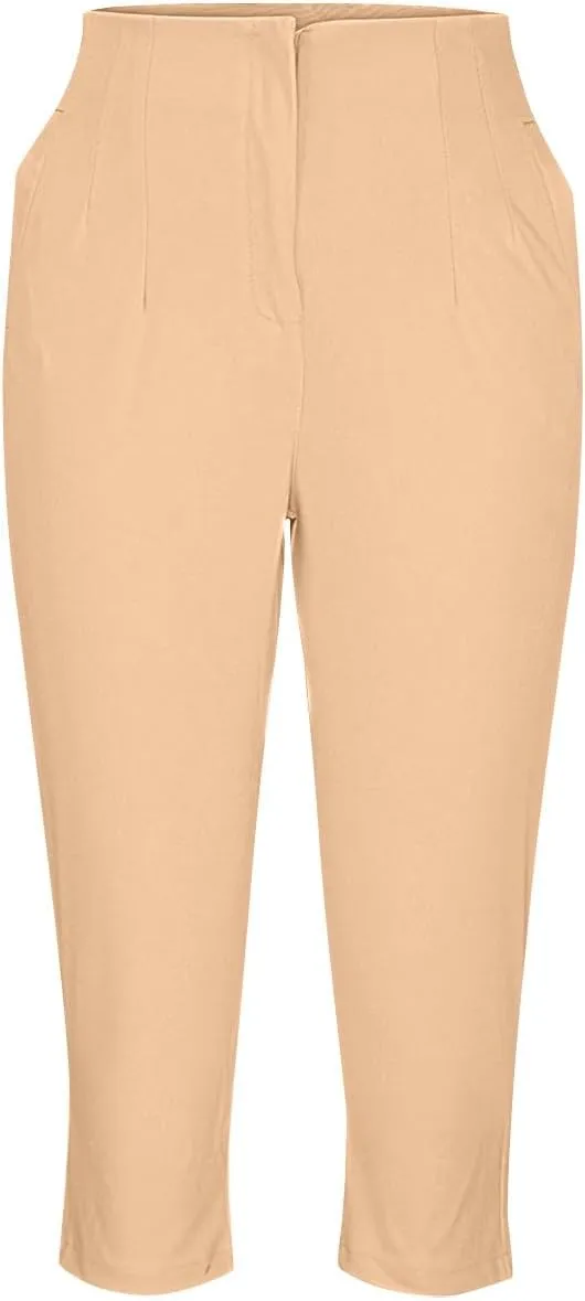 Cropped Pants for Women High Waisted Pull On Dress Capri Pants Slim Straight Leg Stretchy Waist Capris Trousers Pants