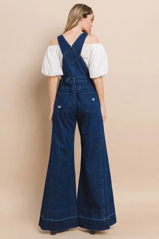 Dark Denim Wide Leg Distressed Denim Overalls