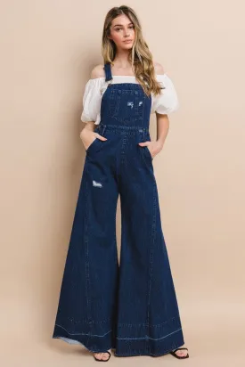 Dark Denim Wide Leg Distressed Denim Overalls