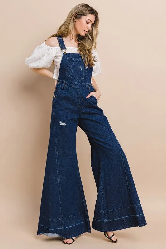 Dark Denim Wide Leg Distressed Denim Overalls