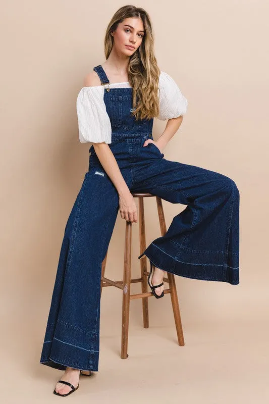 Dark Denim Wide Leg Distressed Denim Overalls
