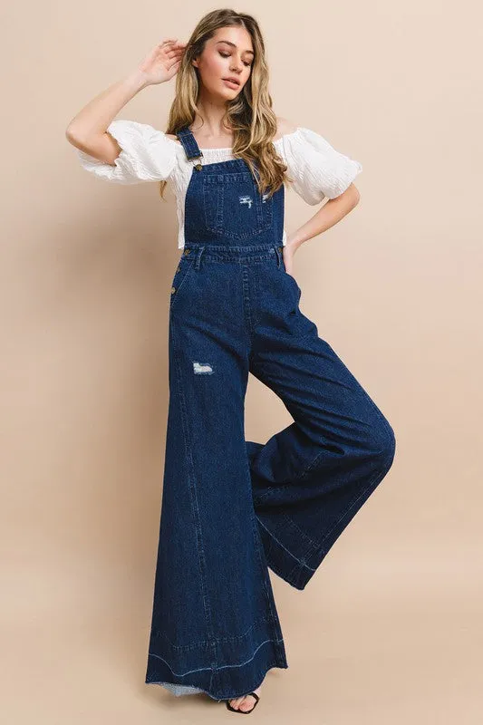 Dark Denim Wide Leg Distressed Denim Overalls