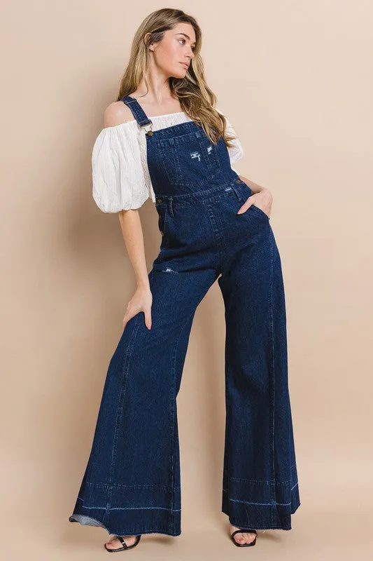 Dark Denim Wide Leg Distressed Denim Overalls