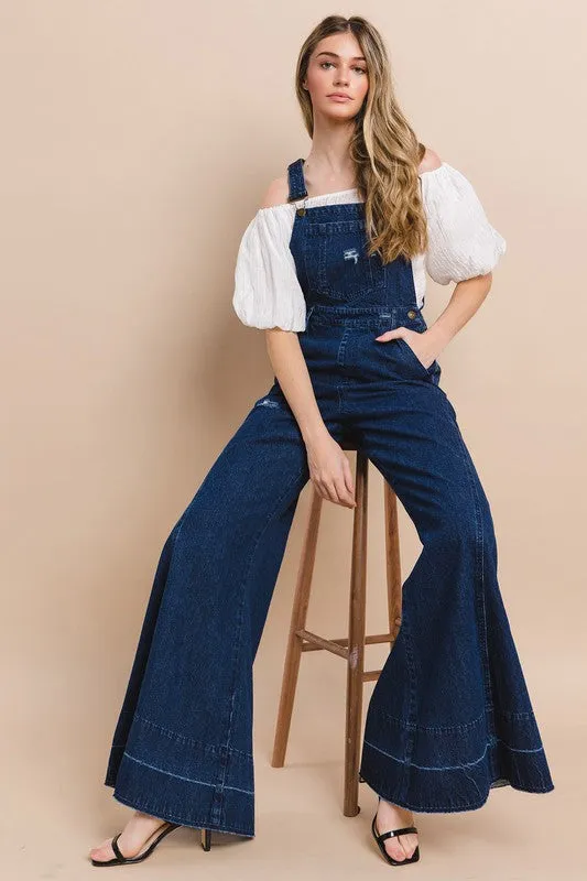 Dark Denim Wide Leg Distressed Denim Overalls
