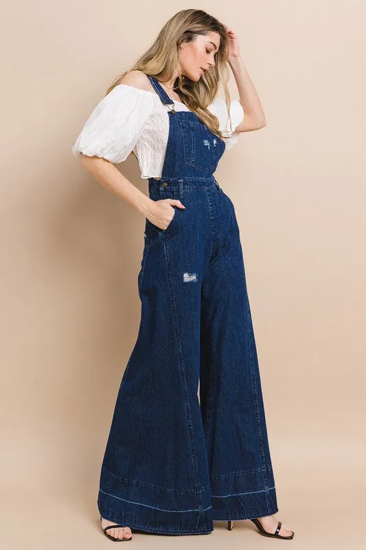 Dark Denim Wide Leg Distressed Denim Overalls