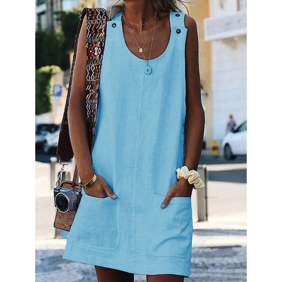 Dunnmall Round Neck Women  Shift Cotton-Blend Dresses