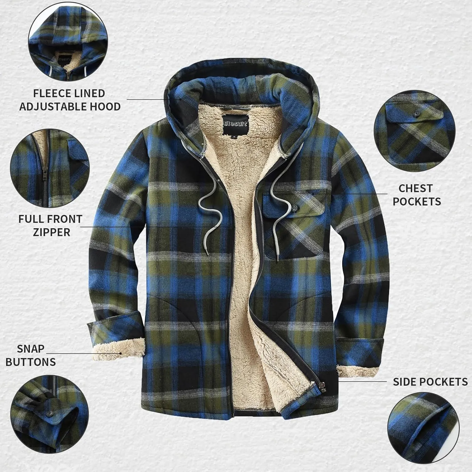 Elesuit Men's Full Zip Fleece Flannel Jackets Shirt Plaid Cotton Hoodies Soft Warm Coat for Men with Hood
